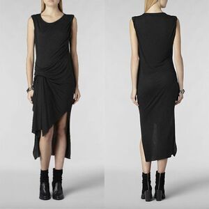 Allsaints dark marled charcoal twist drape Riviera gathered jersey midi dress